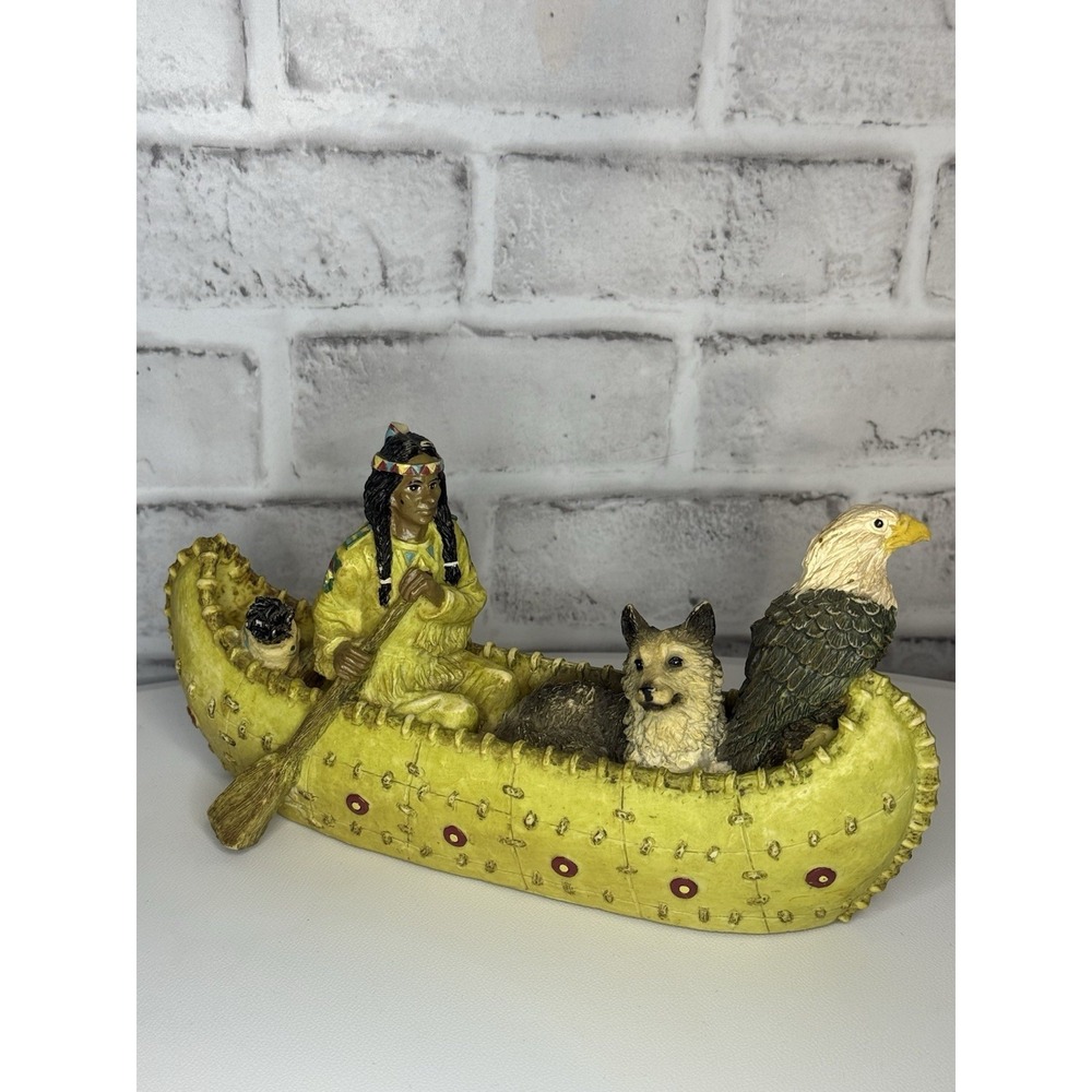 Native American Indian In Canoe Wolf And Bald Eagle Resin Sculpture Young's - Picture 4 of 7